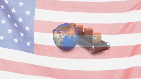 Animation-of-american-flag-waving-over-globe-on-cardboard-boxes-on-conveyor-belt