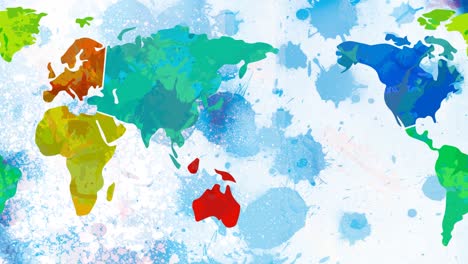 Animation-of-multi-coloured-world-map-moving-over-blue-ink-stains-in-background