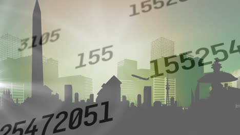 Animation-of-numbers-processing-over-airplane-taking-off-and-cityscape-on-green-background