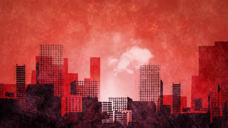 Illustration-of-cityscape-with-modern-buildings-in-red-and-black-on-red-distressed-background