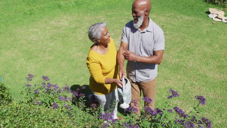 Afroamerikanisches-älteres-Paar-Lächelt,-Während-Es-Gemeinsam-Pflanzen-Im-Garten-Gießt
