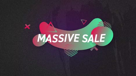 Animation-of-massive-sale-text-in-white-over-green-to-red-shapes-on-grey-flickering-background