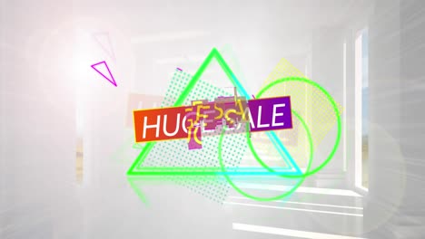 Animation-of-huge-sale-text-in-white-over-red-to-purple-banner-and-vibrant-shapes-on-empty-room