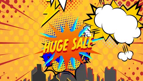 Animation-of-retro-huge-sale-text-on-orange-speech-bubble-monkey-face-and-red-spots-on-yellow