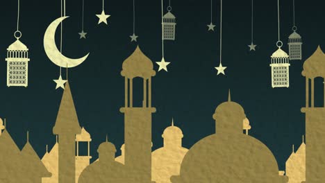 Animation-Von-Mond,-Sternen-Und-Lampions,-Die-Nachts-Auf-Blauem-Hintergrund-über-Gold-Aus-Der-Stadt-Hängen