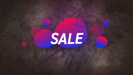 Animation-of-huge-sale-text-in-white-over-pink-to-purple-shapes-on-grey-flickering-background