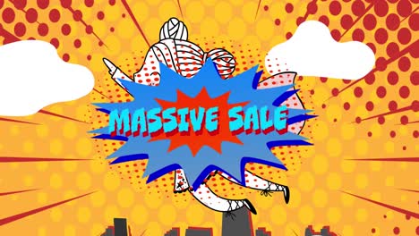 Animation-of-retro-massive-sale-text-on-blue-speech-bubble-and-superhero-over-red-dots-on-yellow