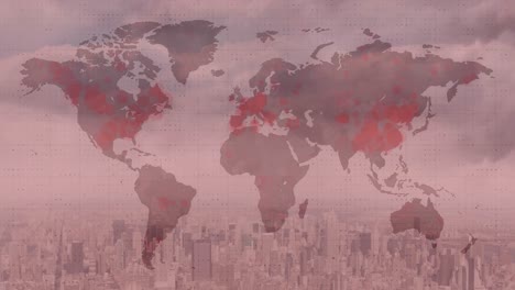 Animation-of-world-map-with-red-covid-19-pandemic-points-over-cityscape-on-red-background
