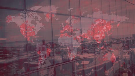 Animation-of-world-map-with-covid-19-pandemic-locations-over-cityscape-on-red-background