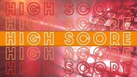 Animation-Von-Highscore-Text-In-Wiederholung-Auf-Orangefarbenem-Banner-Mit-Leuchtender-Spiegelkugel-Im-Hintergrund