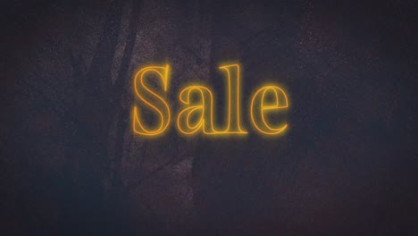 Animation-of-sale-text-in-yellow-glowing-neon-over-distressed-flickering-background