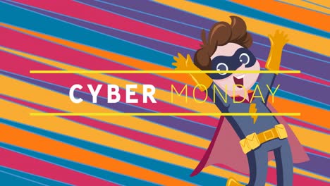 Animation-of-cyber-monday-sale-over-superhero-and-multi-coloured-diagonal-lines