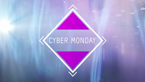 Animation-of-retro-cyber-monday-text-in-white-frame-over-blue-light-trails-in-background