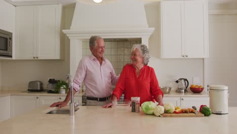 Portrait-of-caucasian-senior-couple-smiling-while-standing-in-the-kitchen-at-home