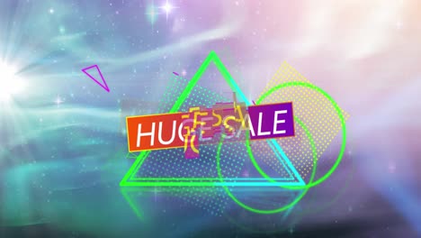 Animation-of-huge-sale-text-on-red-to-purple-banner-over-vibrant-geometric-shapes