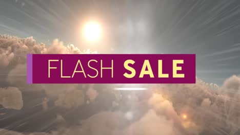 Digital-animation-of-flash-sale-text-over-purple-banner-against-sun-shining-in-the-sky