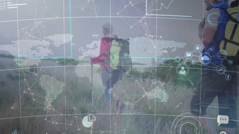 Animation-of-network-of-connections-and-world-map-over-senior-caucasian-couple-hiking-in-countryside