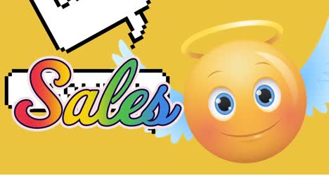 Animation-Von-Regenbogen-Verkaufstext-über-Sprechblase-Und-Emoji-Mit-Flügeln-Auf-Gelbem-Hintergrund