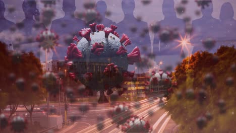 Animation-Von-Covid-19-Zellen,-Die-über-Violetten-Menschensilhouetten-Und-Stadtbild-Im-Hintergrund-Schweben
