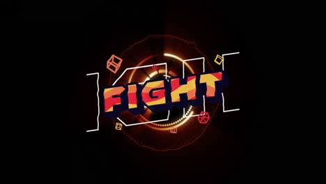 Animation-of-fight-text-in-orange-and-red-letters-over-spinning-scope-on-black-background
