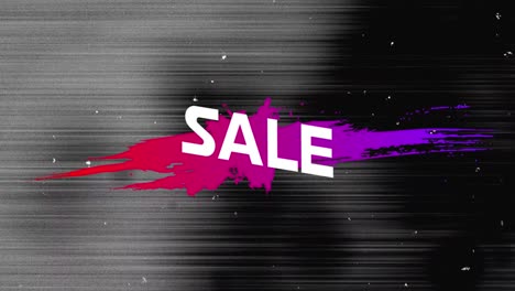 Animation-of-sale-text-in-white-over-pink-to-purple-paint-splash-on-grey-flickering-background