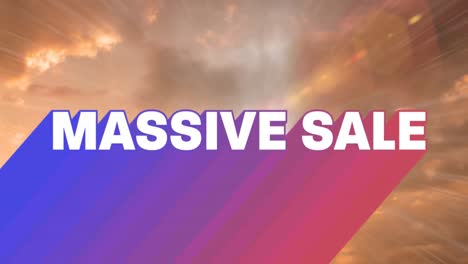 Animation-of-retro-massive-sale-white-text-with-rainbow-shadow-over-orange-clouds-in-background