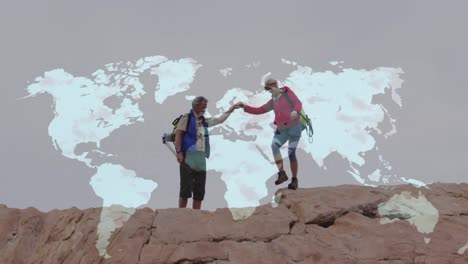 Caucasian-senior-couple-hiking-holding-hands-on-cliff,-over-moving-world-map