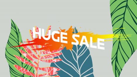 Digital-animation-of-huge-sale-text-against-colorful-leaves-on-grey-background