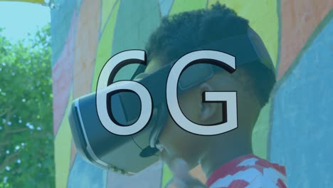 Animation-of-6g-text-over-boy-wearing-vr-headset-in-playground
