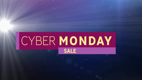 Animation-of-cyber-monday-sale-text-on-purple-banner-over-glowing-light-on-dark-blue-background