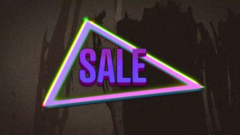 Animation-of-retro-sale-purple-text-over-neon-triangle-on-distressed-grey-background