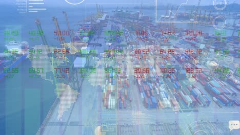 Stock-market-data-processing-over-world-map-against-aerial-view-of-port
