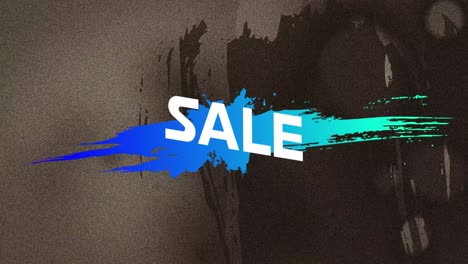 Animation-of-huge-sale-text-in-white-over-blue-to-green-paint-splash-on-grey-flickering-background