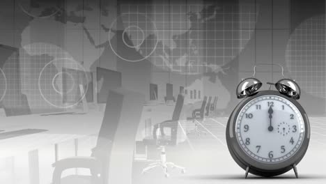 Animation-of-clock-moving-fast-over-meeting-room-and-world-map-on-grey-background