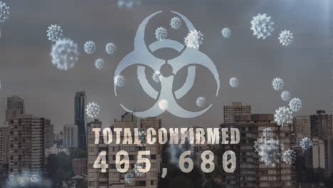 Animation-of-biohazard-sign,-number-of-cases-and-covid-19-cells-floating-over-cityscape