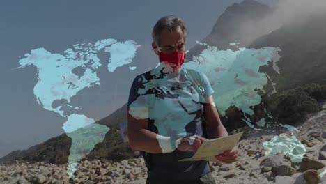 Caucasian-senior-man-in-face-mask-hiking-reading-map,-over-moving-world-map