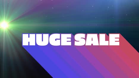 Animation-of-retro-huge-sale-text-with-rainbow-shadow-with-glowing-green-light-on-blue-background