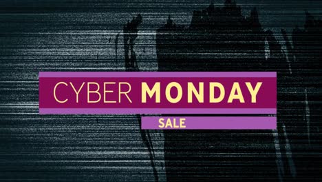 Animation-of-cyber-monday-sale-text-on-purple-banner-over-dark-blue-distressed-background