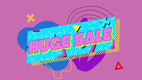 Animation-of-retro-huge-sale-text-on-blue-banner-with-geometric-shapes-on-pink-background