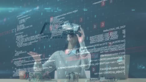 Animation-of-processor-spinning-and-data-processing-over-woman-wearing-vr-headset