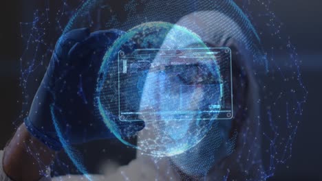 Globe-of-network-of-connections-against-health-worker-holding-futuristic-screen-with-data-processing