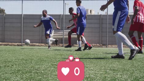 Heart-icon-with-increasing-numbers-against-two-teams-of-male-soccer-players-playing-soccer