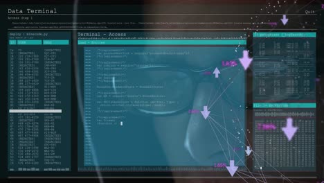 Globe-of-network-of-connections-over-screen-with-data-processing-against-male-hacker