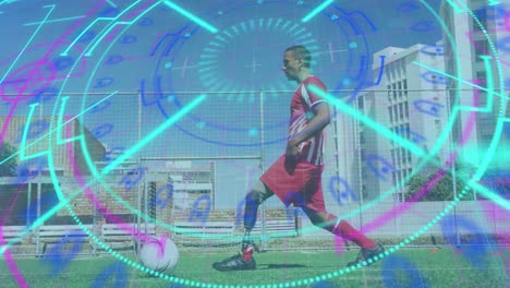 Leuchtender-Neon-Rundscanner-Gegen-Männlichen-Fußballspieler-Mit-Beinprothese,-Der-Fußball-Spielt