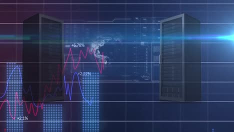 Finanzdatenverarbeitung-Vor-Rotierendem-Globus-Und-Computerservern-Auf-Blauem-Hintergrund