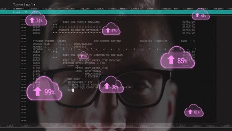 Cloud-with-increasing-percentage-icons-over-screen-with-data-processing-against-male-hacker
