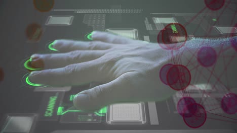 Animation-Eines-Netzwerks-Von-Verbindungen-über-Einem-Menschen,-Der-Den-Biometrischen-Bildschirm-Berührt