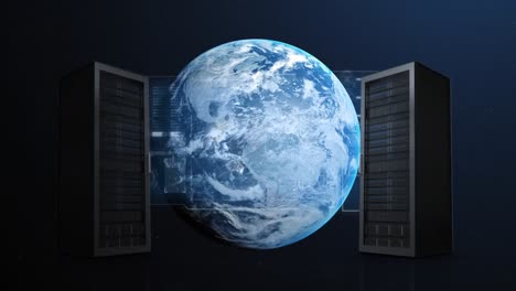 Animation-Von-Computerservern-über-Der-Erde-Im-Universum-Auf-Blauem-Hintergrund