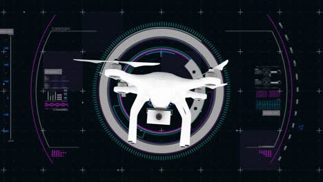 Animation-of-drone-over-scope-scanning-and-data-processing-on-purple-background