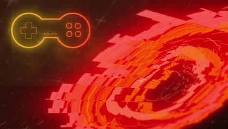Leuchtender-Neon-Gaming-Controller-Und-Runder-Scanner-Auf-Schwarzem-Hintergrund